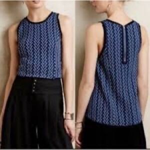 Anthropologie Post Mark‎ Blue M Sleeveless Fringed Trim Textured Top Boho Indie